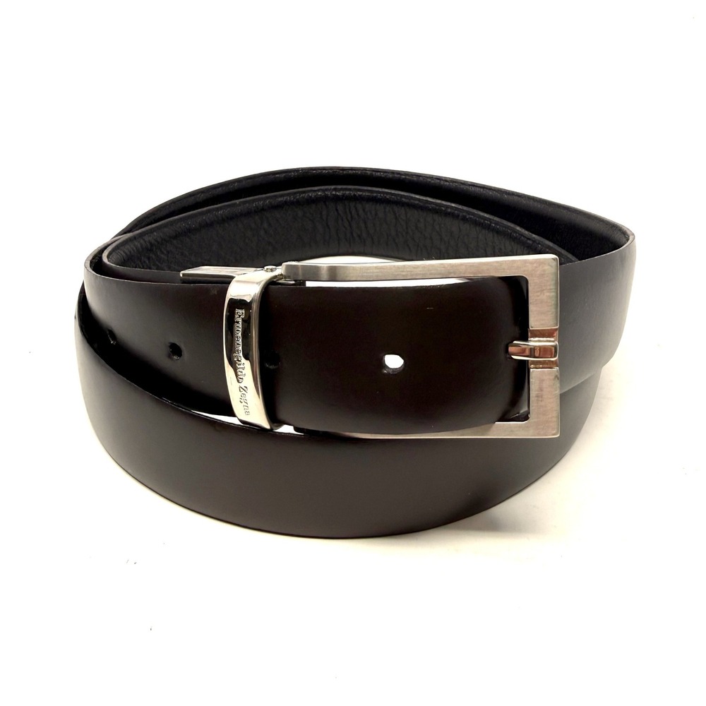 Ermenegildo Zegna Reversible Leather Belt Black Brown Silver Buckle 35 36 37 38